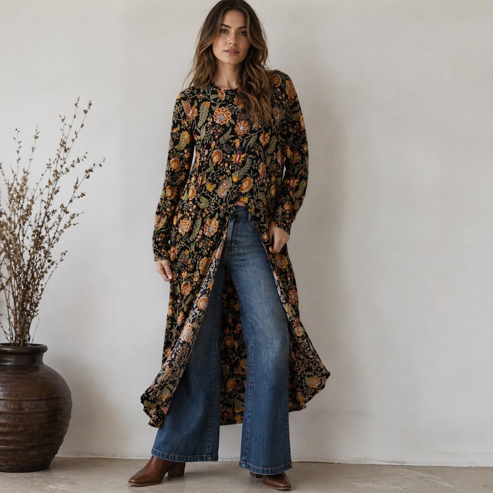 J Peterman Company 100% Silk Floral Long Tunic Split Front Womens 16